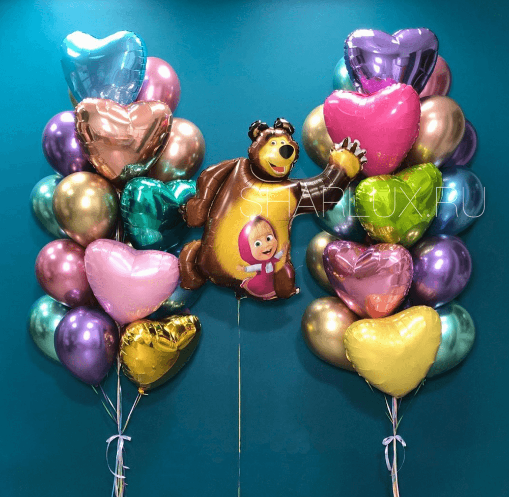 Фонтаны разноцветных шаров на день рождения девочке "Маша и медведь"