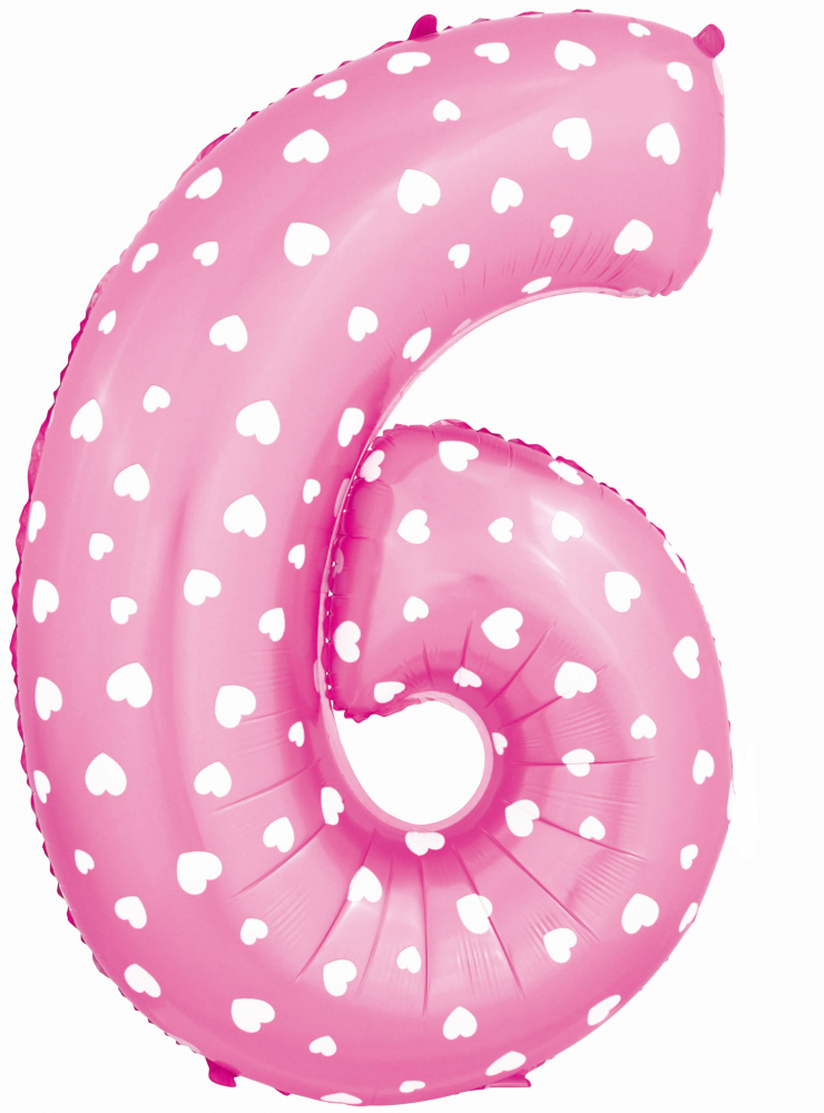 Воздушный шар Цифра 6, Розовый, Сердечки 
