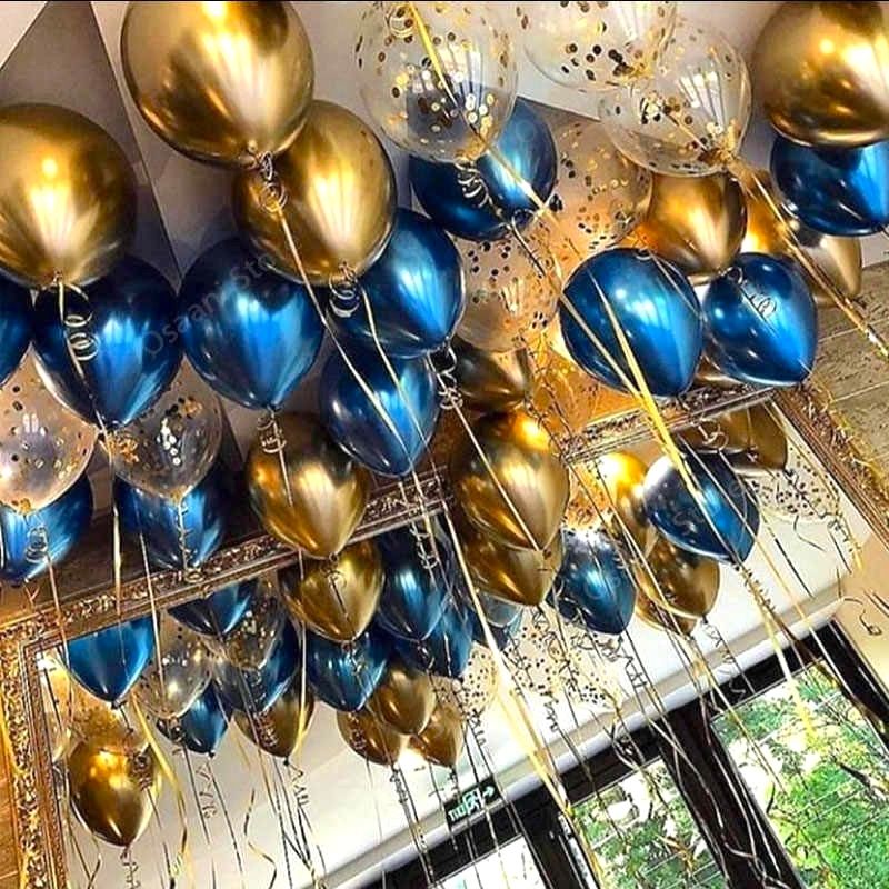 Латексные воздушные шары золотые и синие под потолок, Синее золото