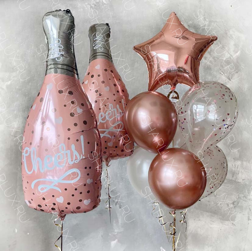 Фонтан из шаров розовое золото с шампанским