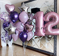 Фиолетово-розовый фонтан шаров на 12 лет