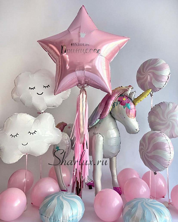 Композиция шаров с единорогом на день рождения для девочки