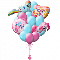 Композиция из воздушных шаров Пони дружные лошадки, розовый и голубой