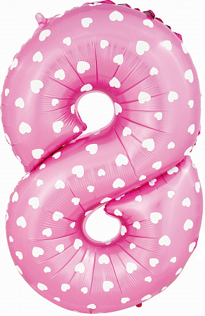Воздушный шар Цифра 8, Розовый, Сердечки 