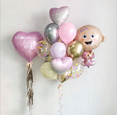 Композиция воздушных шаров На Выписку, бежевый, розовый, белый