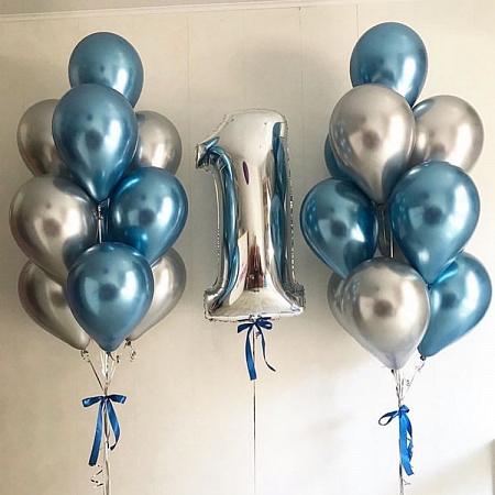 Композиция шаров Первый День Рождения, синий и серый металлик    