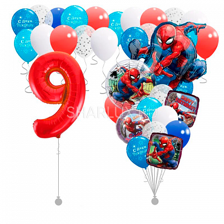 Сет из воздушных разноцветных шаров Человек паук, С Днем Рождения!