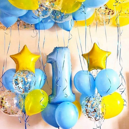 Композиция из воздушных шаров День рождения, нежно-голубой и желтый