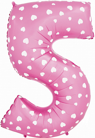 Воздушный шар Цифра 5, Розовый, Сердечки 