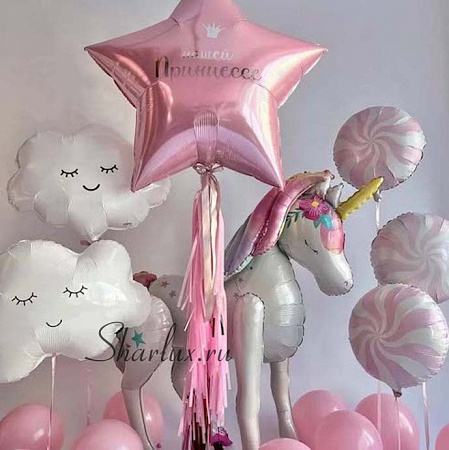 Композиция шаров с единорогом на день рождения для девочки