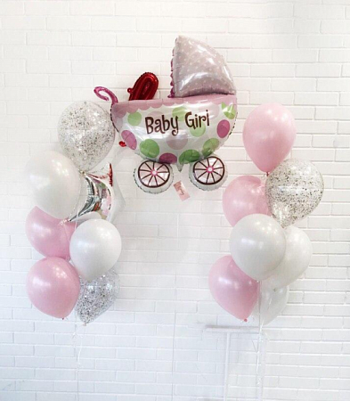Композиция шаров на выписку девочки «Baby», белый и розовый