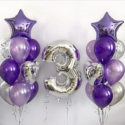 Композиция воздушных шаров День Рождения, фиолетовый, серебристый