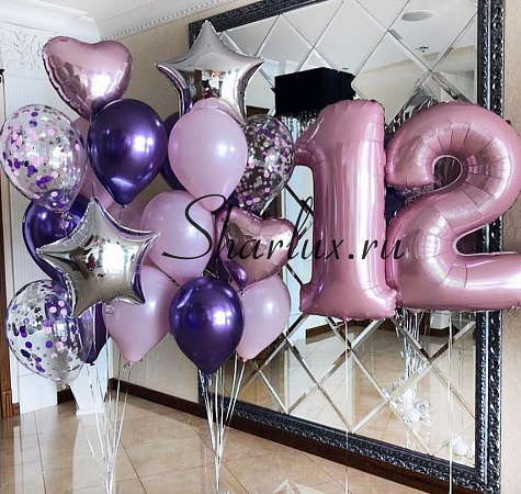 Фиолетово-розовый фонтан шаров на 12 лет